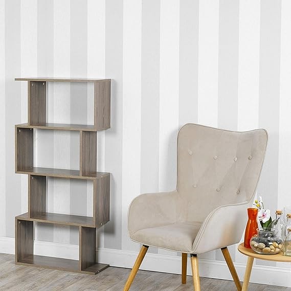S-Shaped 4 Tier Grey Oak Bookcase Display Shelf Modern Storage Divider Unit