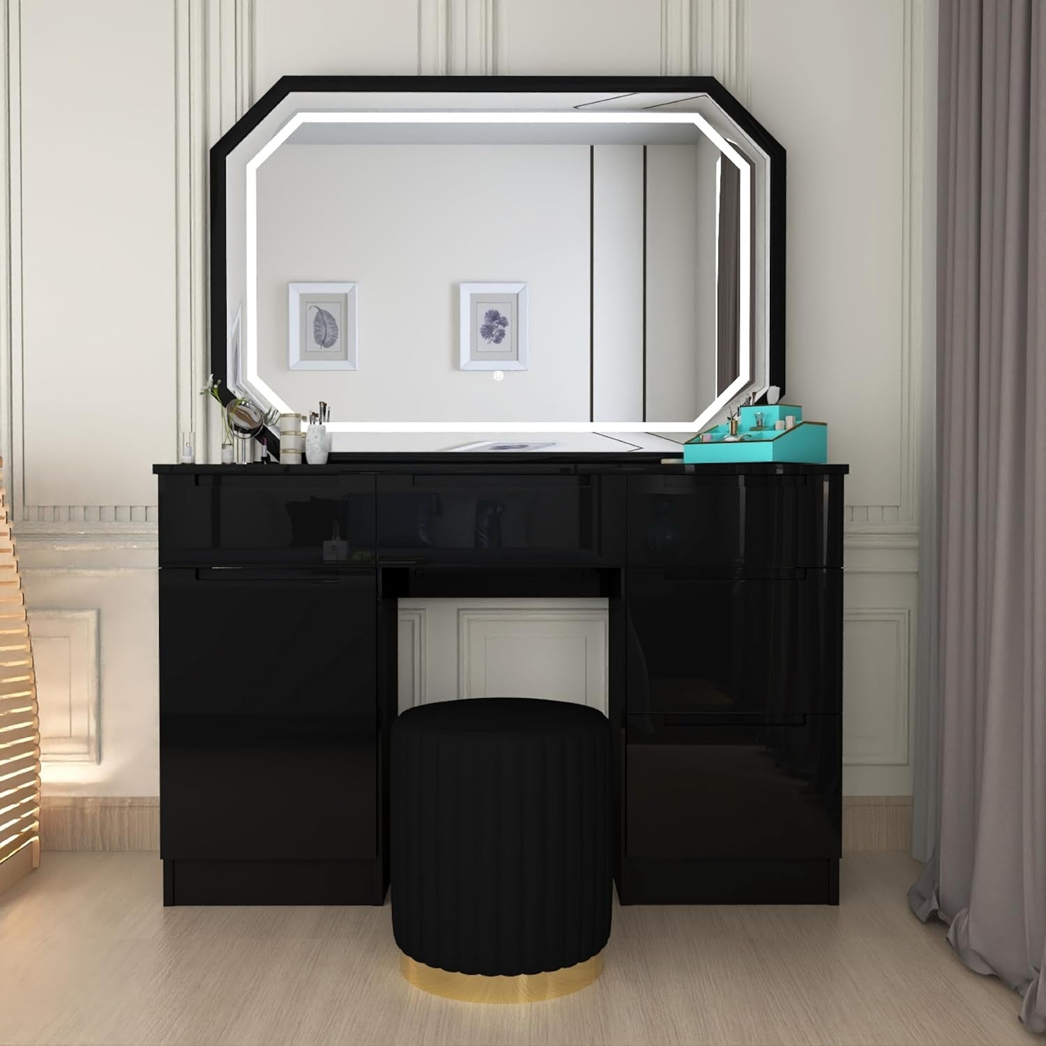 Vanity Dresser Table w/LED Mirror & Padded Stool 7 Drawers Black High Gloss