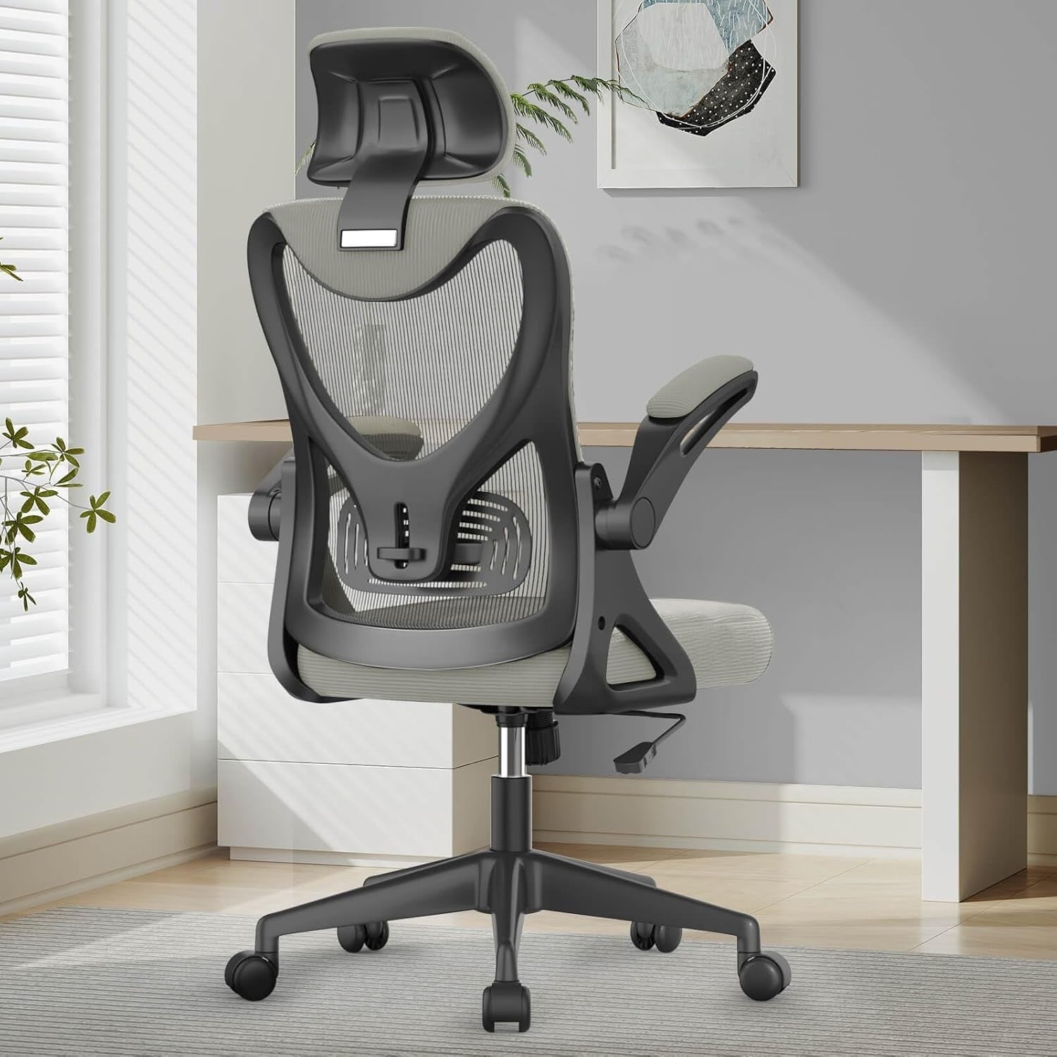 Ergonomic Office Chair High Back Mesh Flip-Up Arms Adjustable Lumbar Grey New