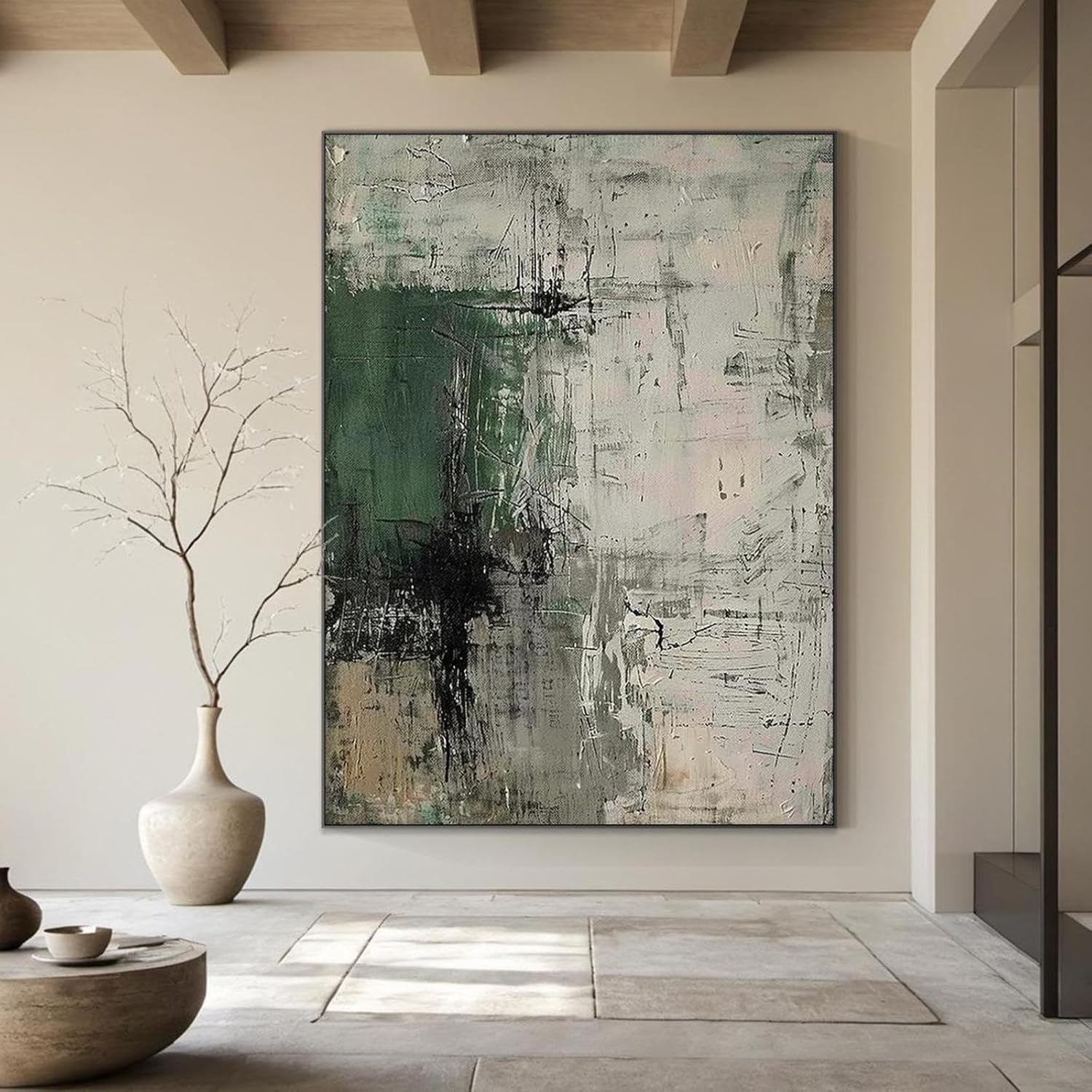 Large Abstract Canvas Wall Art 80x120cm Grey Green Modern