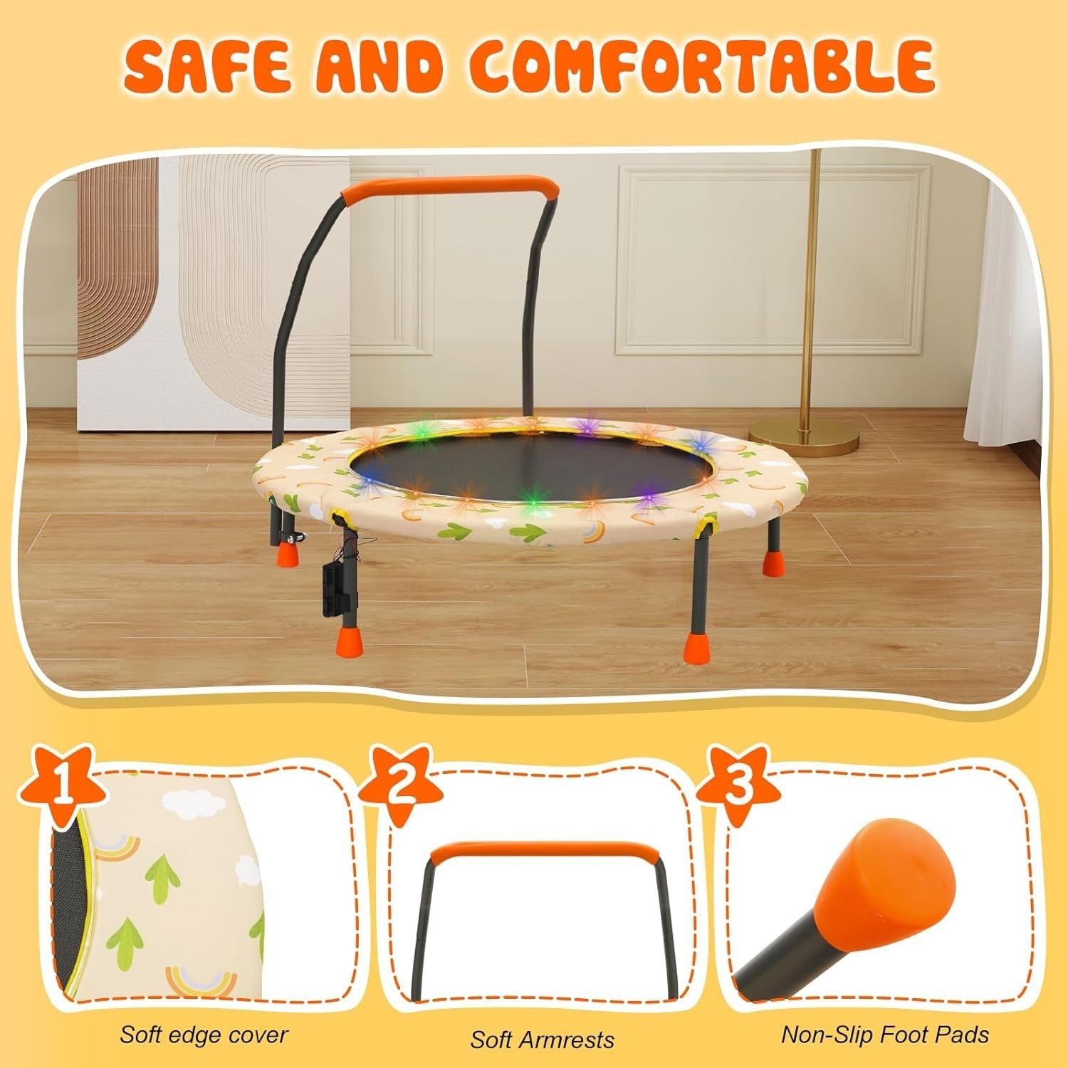 36'' Kids Mini Trampoline Adjustable Handle Safety Pad Indoor Outdoor