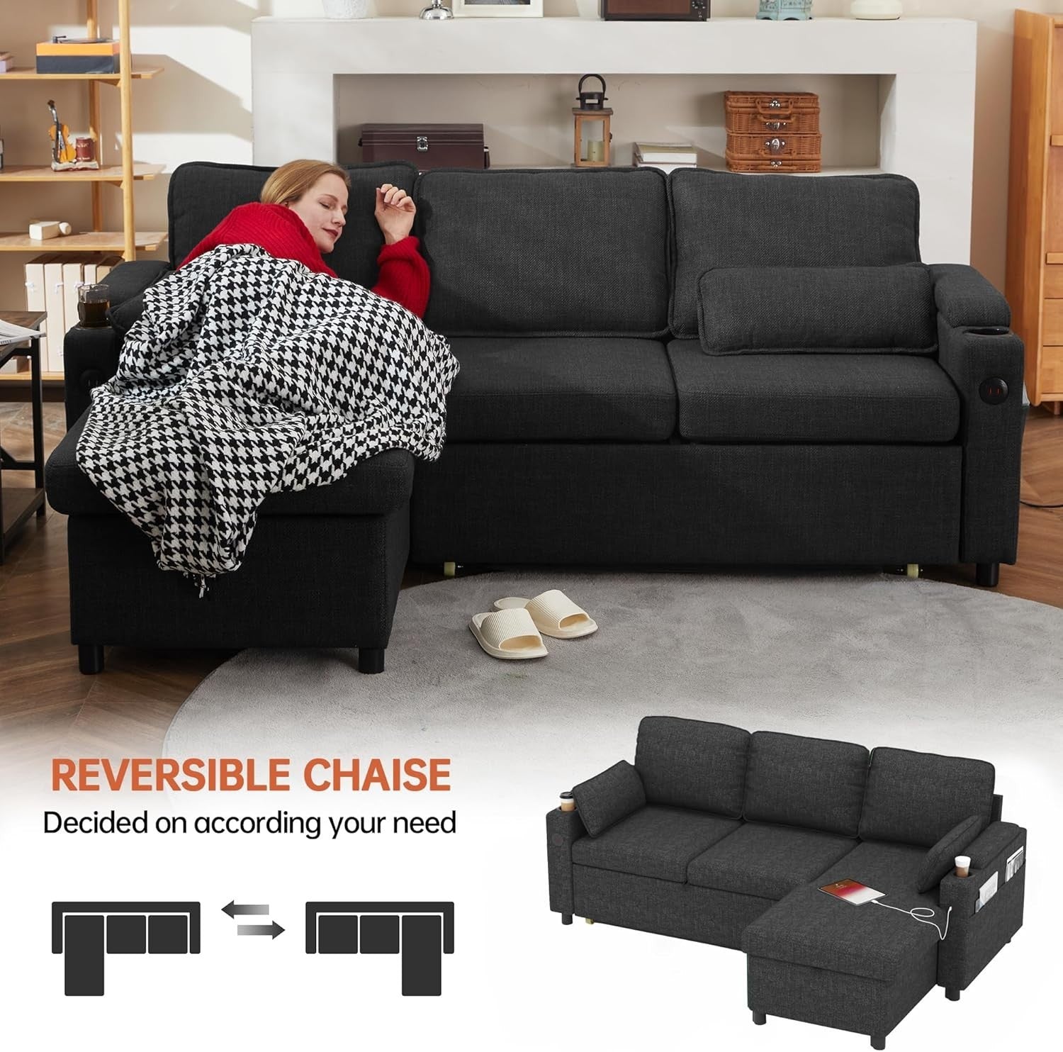 L Shape Sofa Bed Storage Chaise USB Cup Holder Pull Out Couch Grey