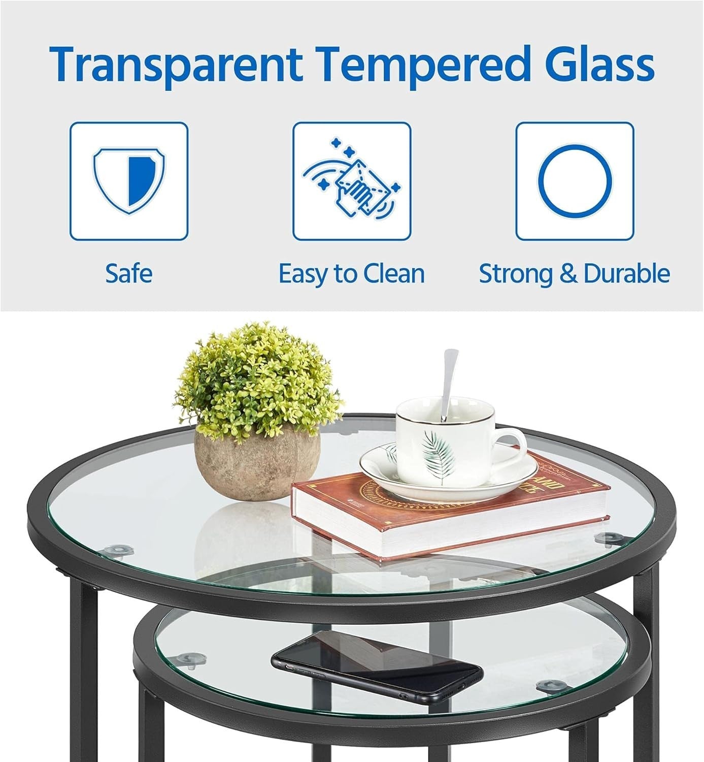 Nesting Round Side Tables Set of 2 Black Tempered Glass Metal End Coffee Sofa