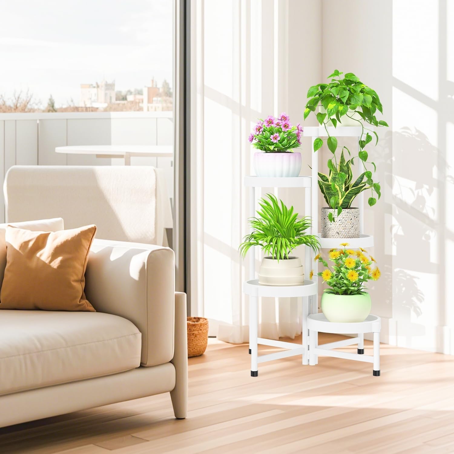 5 Tier Folding Plant Stand Indoor Outdoor | White Metal Corner Flower Rack
