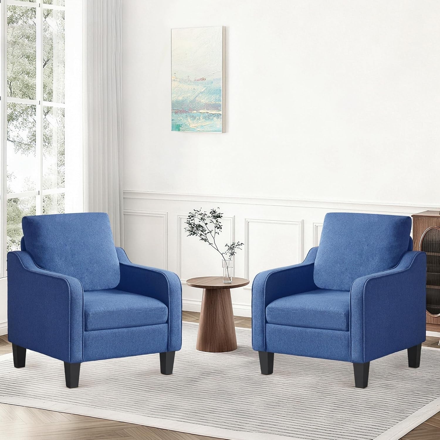 Set of 2 Mid Century Modern Accent Armchairs Linen Blue