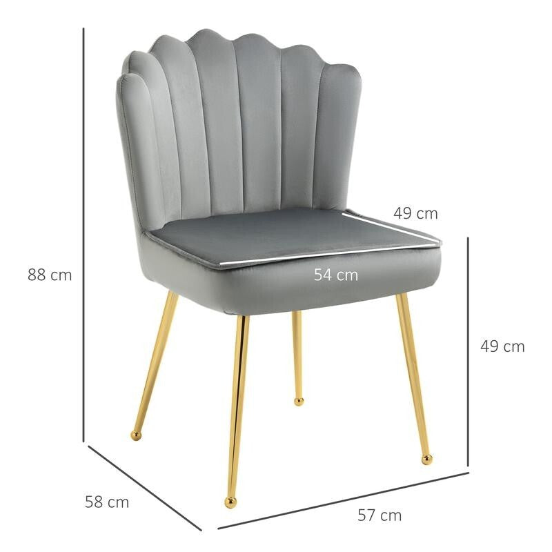 Grey Velvet Shell Chair Gold Legs | Glam Makeup Seat Padded Accent Chair