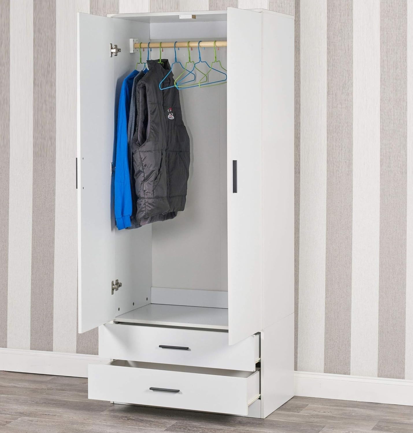 2 Door Wardrobe White Drawers Bedroom Storage Cabinet with Hanging Rail