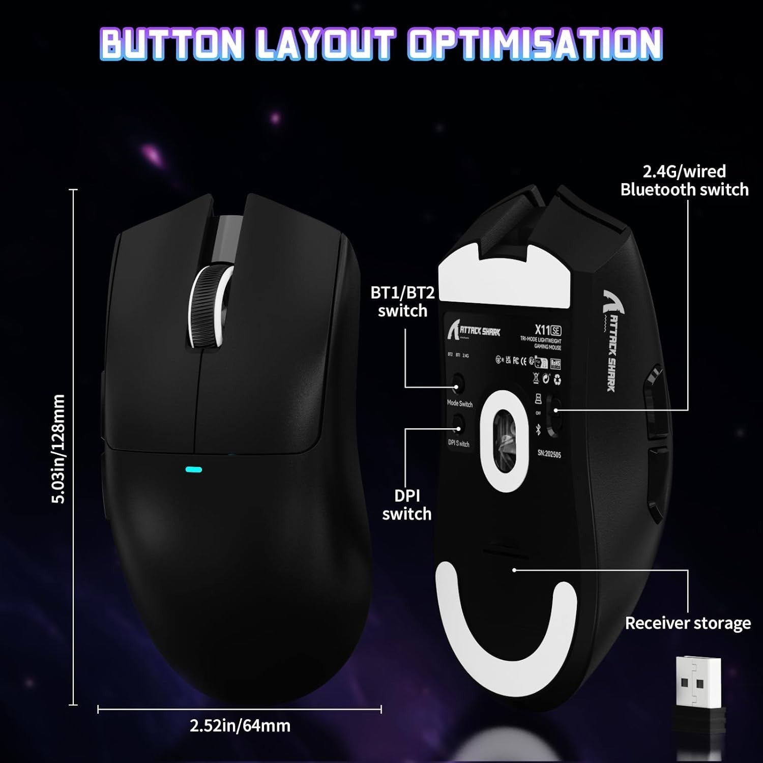 Superlight Gaming Mouse 22000 DPI Tri-Mode 63g 1000Hz Black