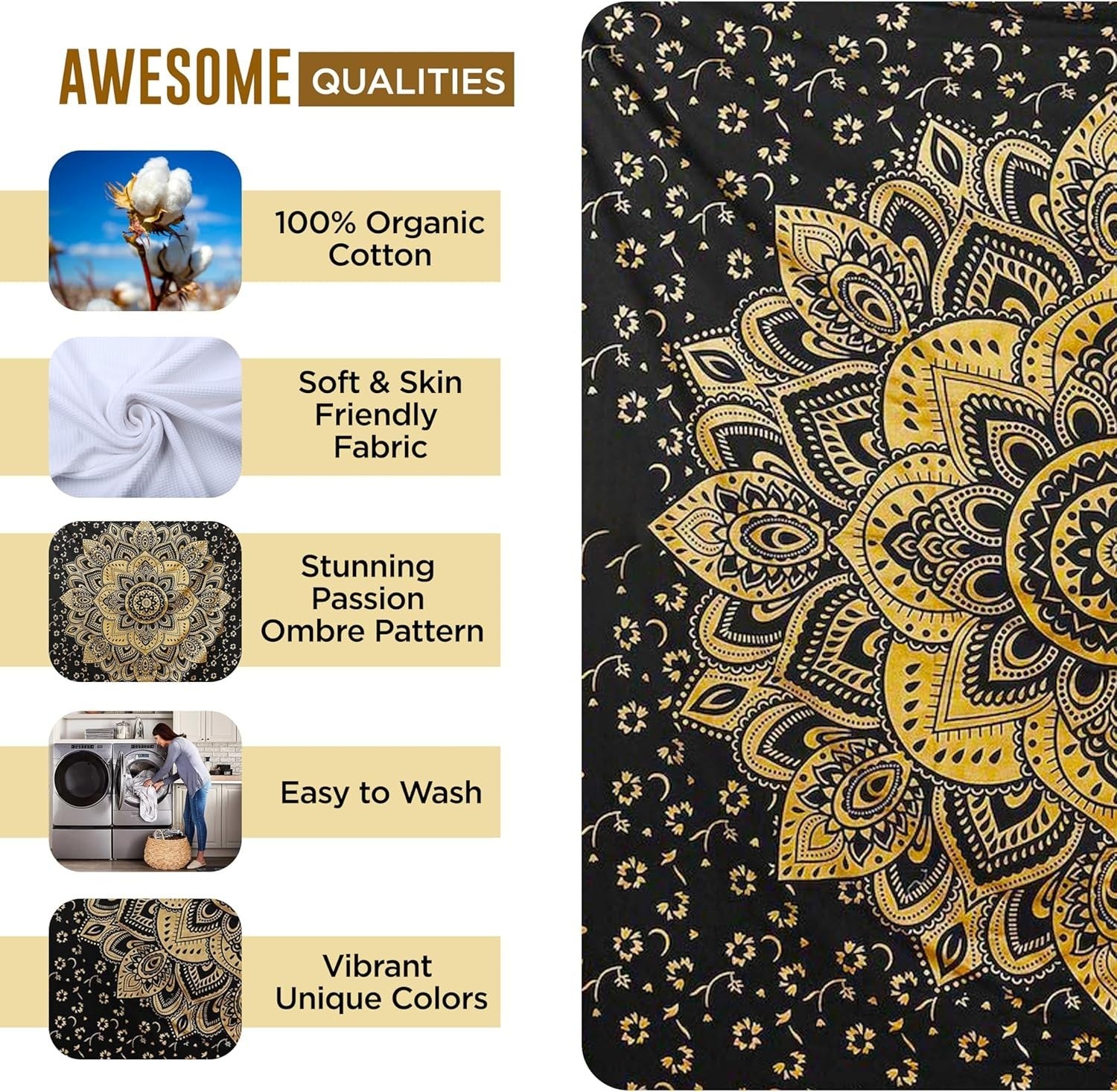 Black Gold Mandala Tapestry 52x60in Boho Wall Hanging Cotton