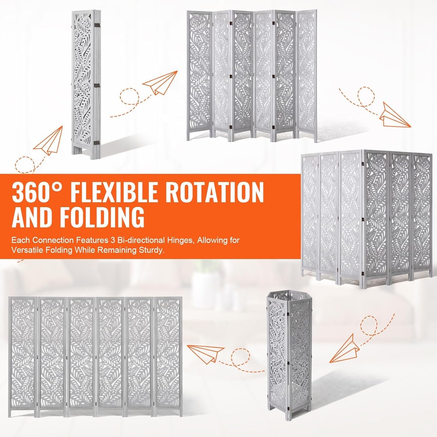 6 Panel White Folding Room Divider Carved Wood Privacy Screen 242x171cm