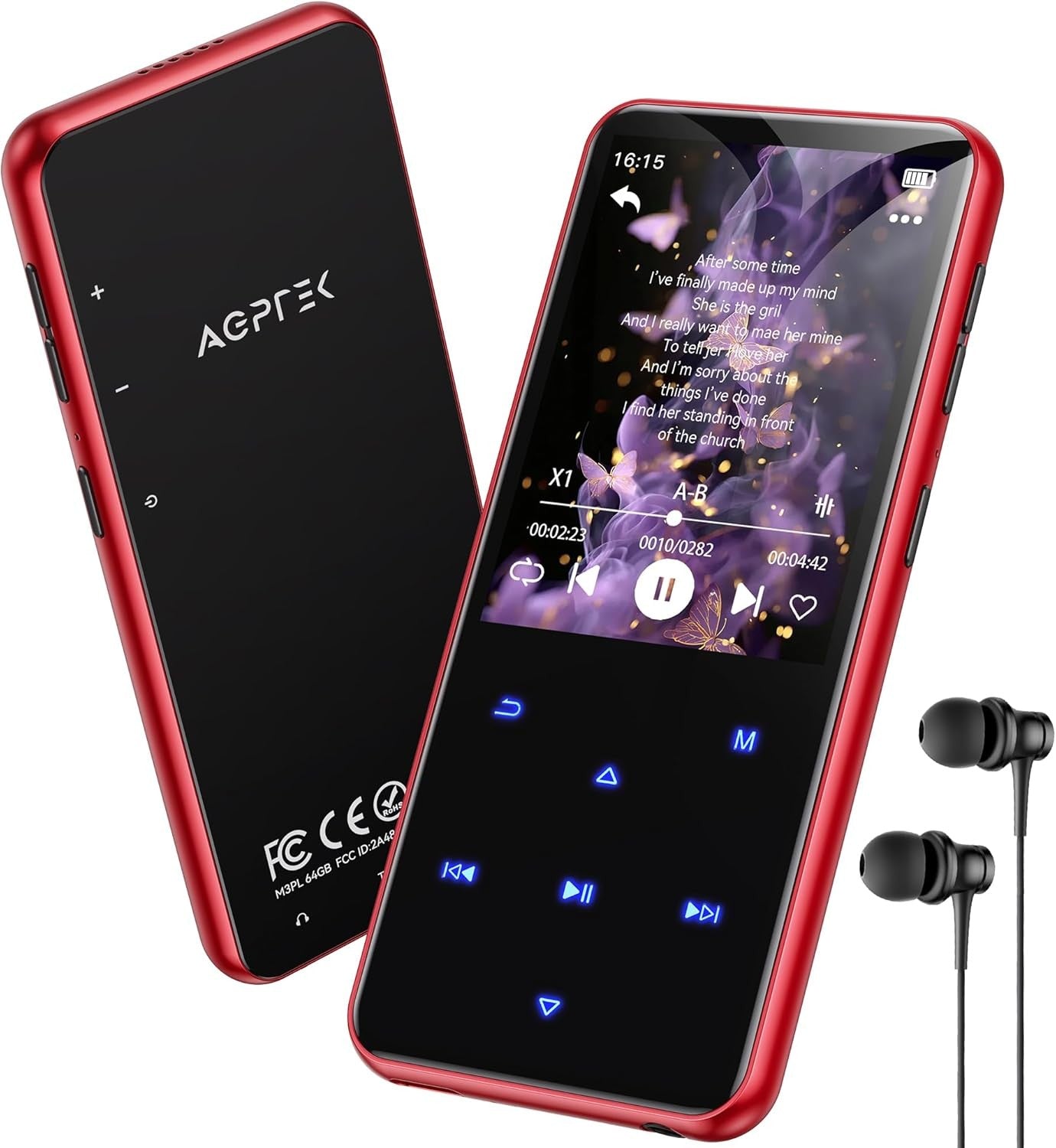 64GB MP3 Player Bluetooth 5.3 2.4" Screen FM Speaker Red