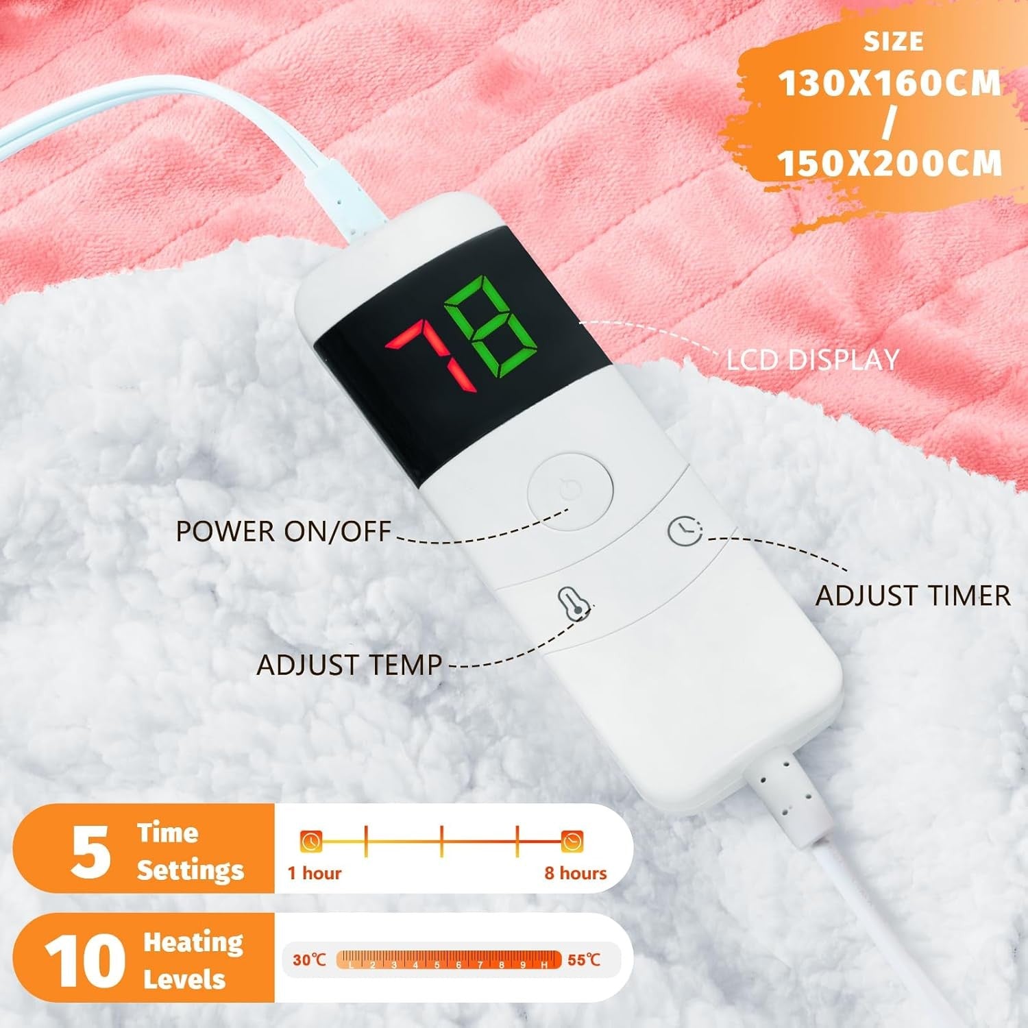 Electric Heated Throw Blanket Pink Soft Fleece 10 Heat Levels Timer 130x160cm
