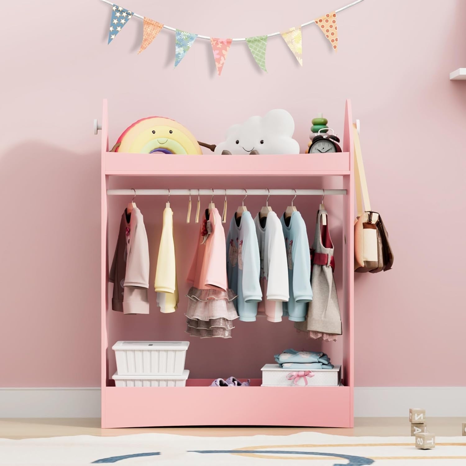Kids Wardrobe with Mirror & Hanging Rail, Open Storage, Pink Rocket Design