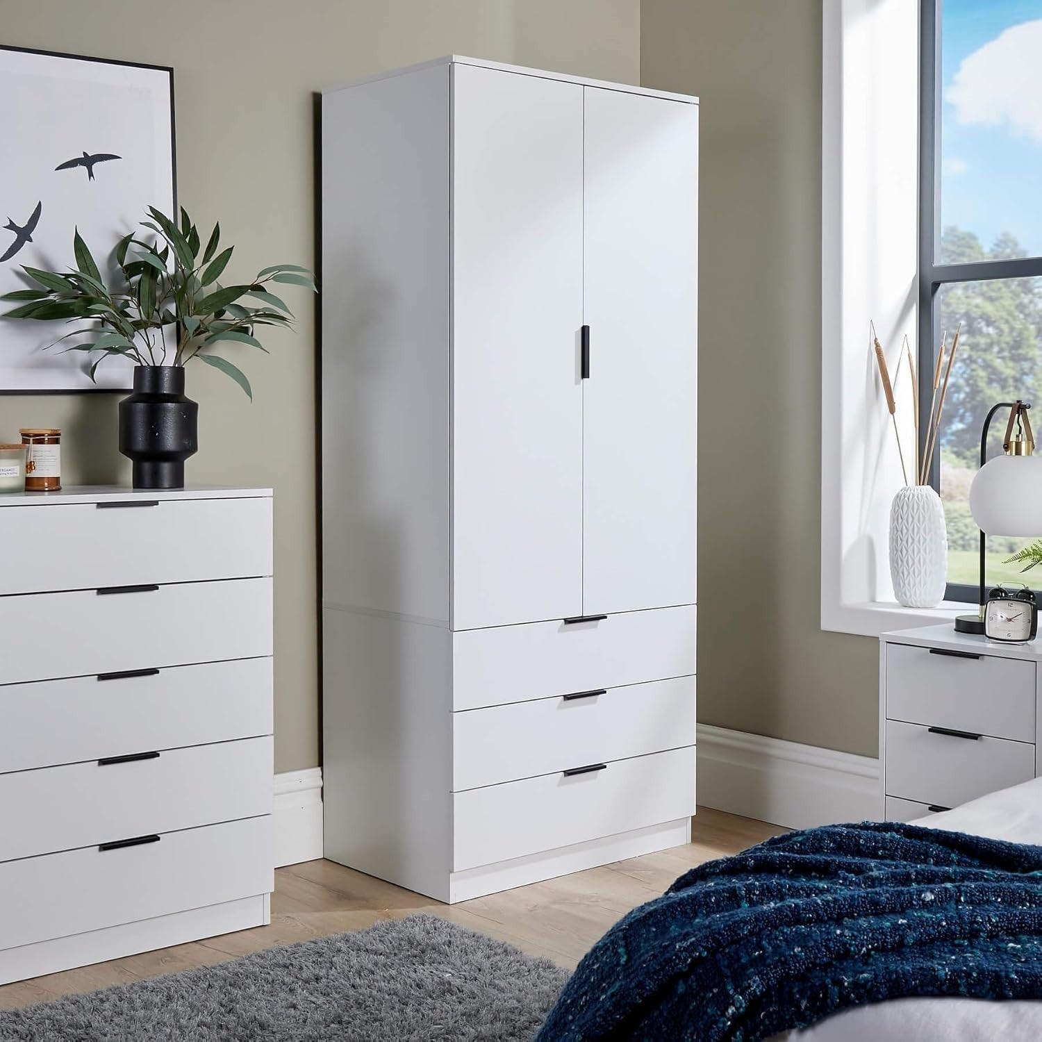 White 2 Door Wardrobe with 3 Drawers & Rail – Bedroom Storage Cabinet
