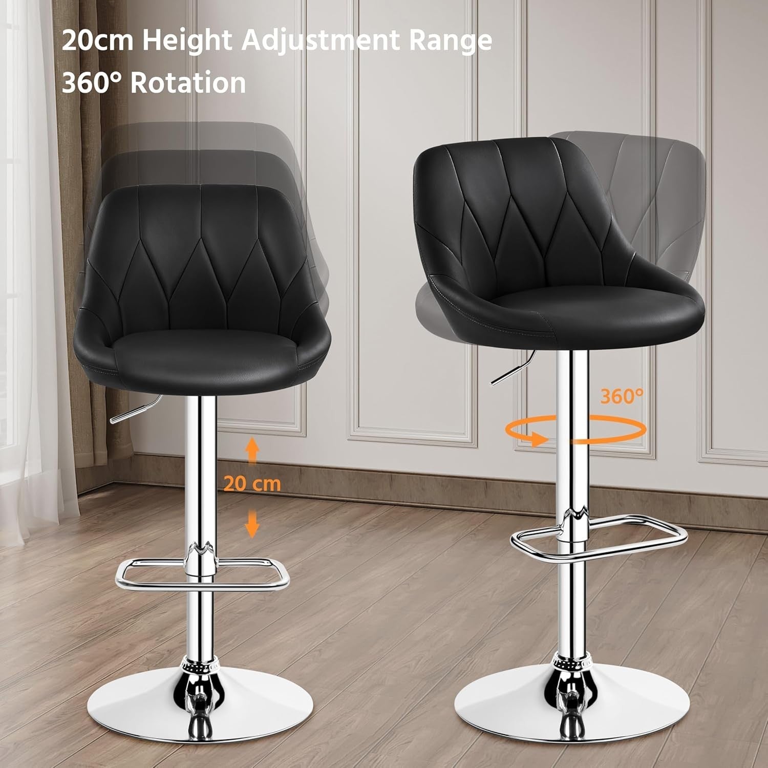 Adjustable Swivel Bar Stools with Backrest & Footrest – Black