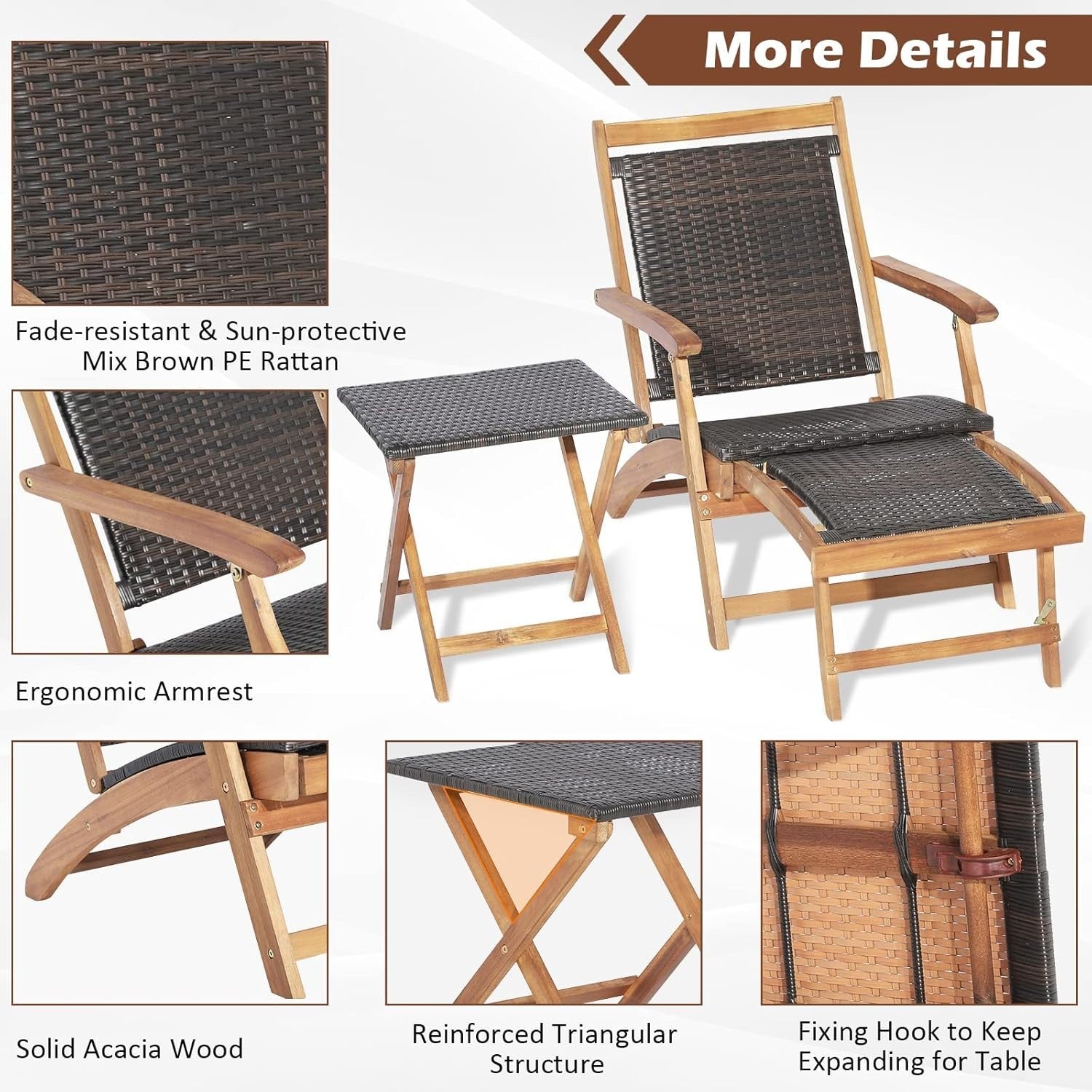 Rattan Sun Lounger Chair Folding Armchair with Footrest & Side Table