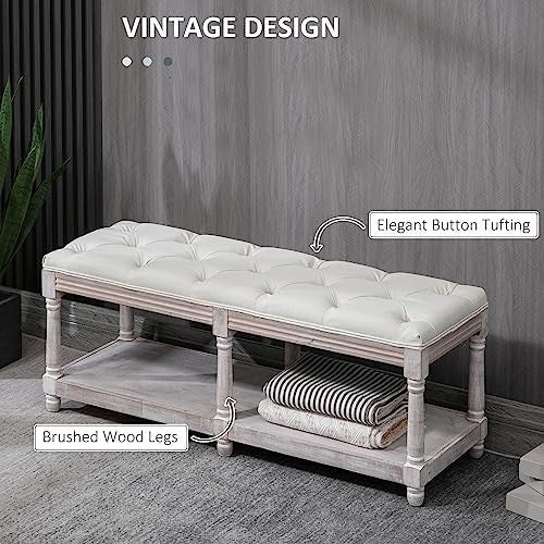 Cream White Upholstered Bed End Bench with Shelf, Tufted Seat Storage