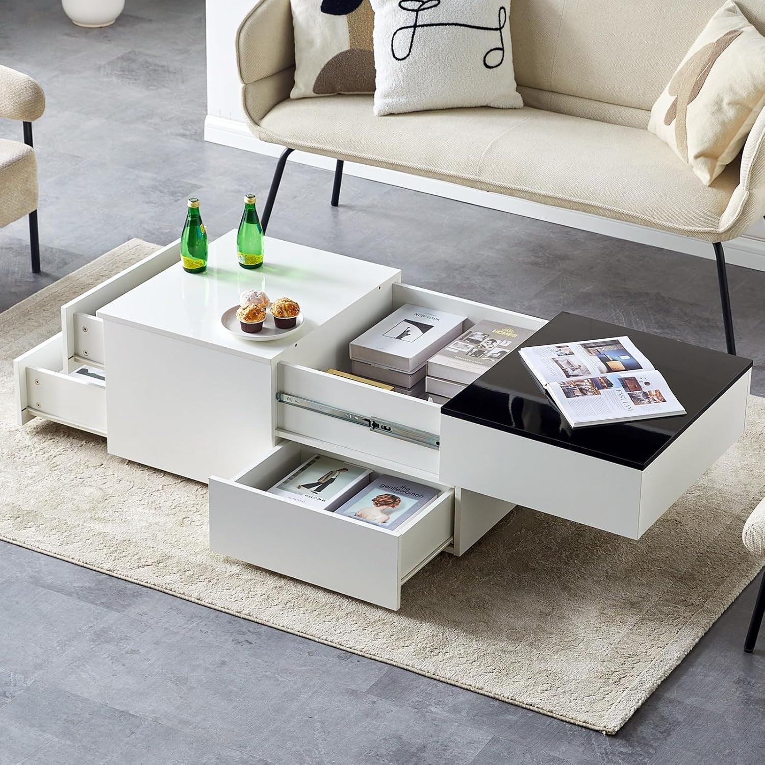 Modern High Gloss Coffee Table with 3 Drawers & Hidden Storage 100x60x40cm