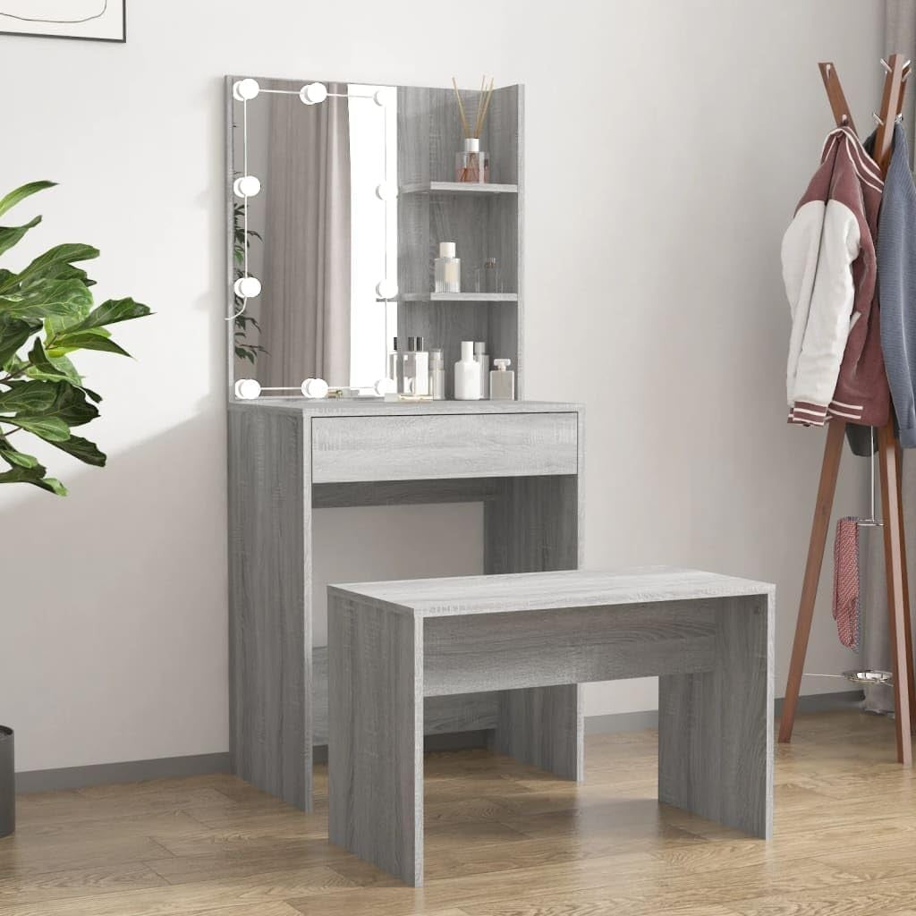 Modern Dressing Table Set with LED Lights Mirror Stool Makeup Vanity Desk Storag