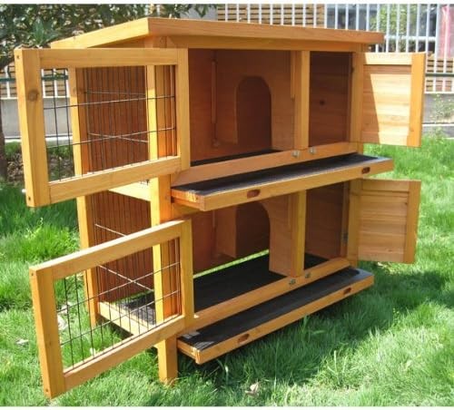 Double Rabbit Hutch Indoor Outdoor Wooden Cage Sliding Tray 2 Tier