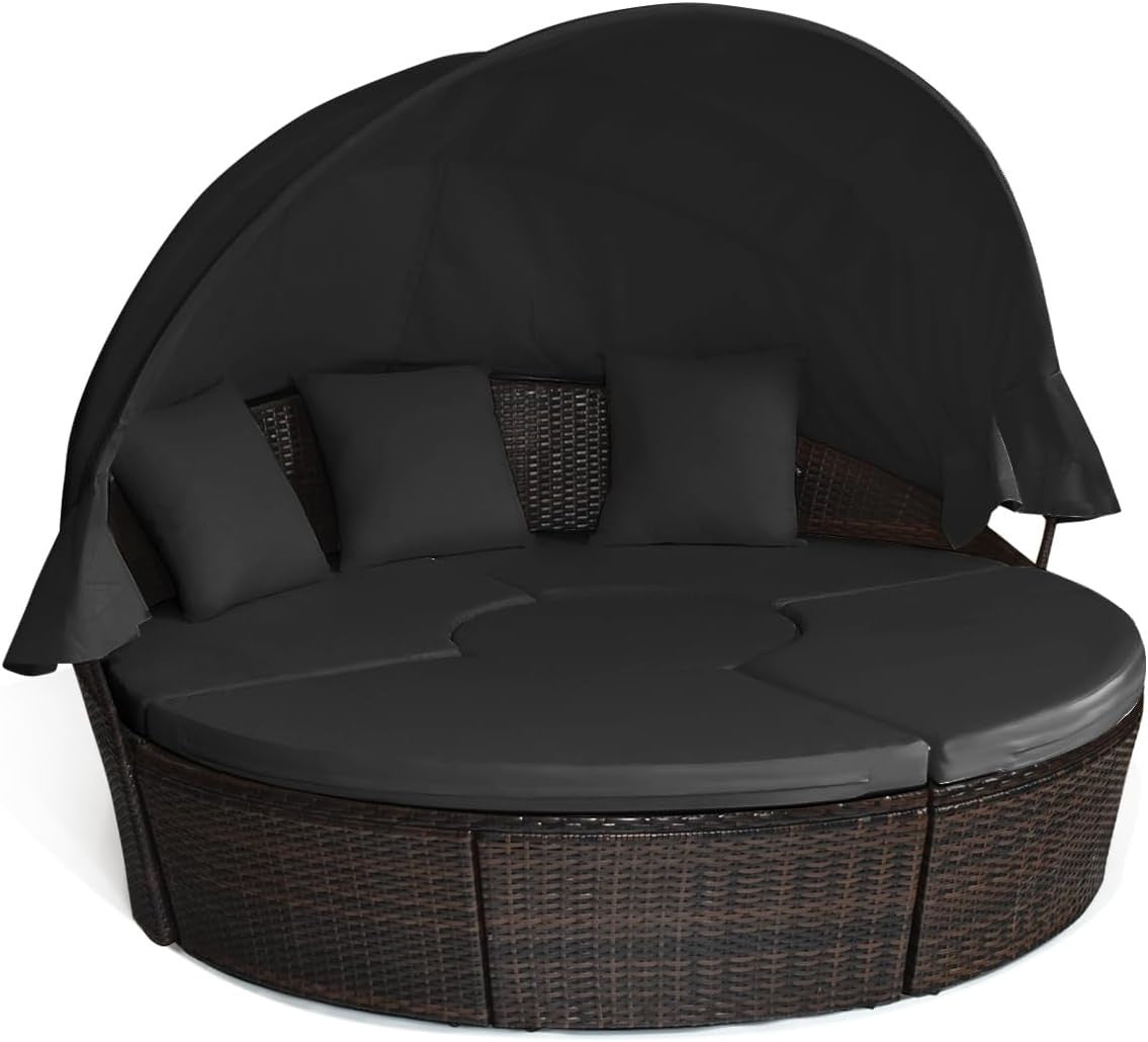 5PC Rattan Garden Daybed Set 190×177×146cm | Canopy & Coffee Table