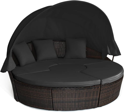 5PC Rattan Garden Daybed Set 190×177×146cm | Canopy & Coffee Table