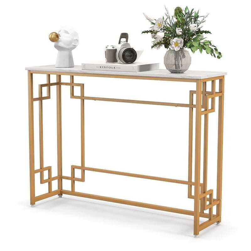 Modern White Faux Marble Console Table with Gold Geometric Frame 110cm