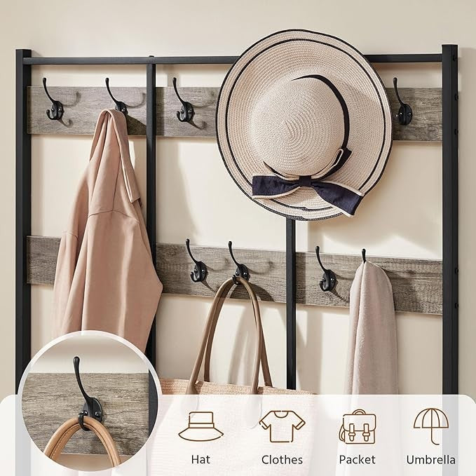 Grey Metal Hall Tree with 24 Hooks & Shoe Bench Industrial Coat Rack Stand