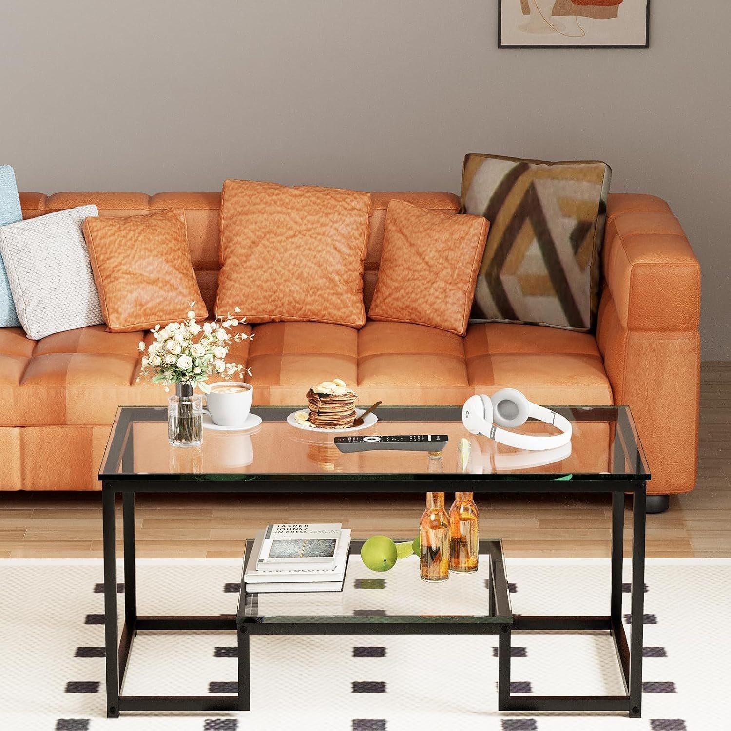 Modern Glass Coffee Table with Shelf – Black Metal Frame 2-Tier 100cm