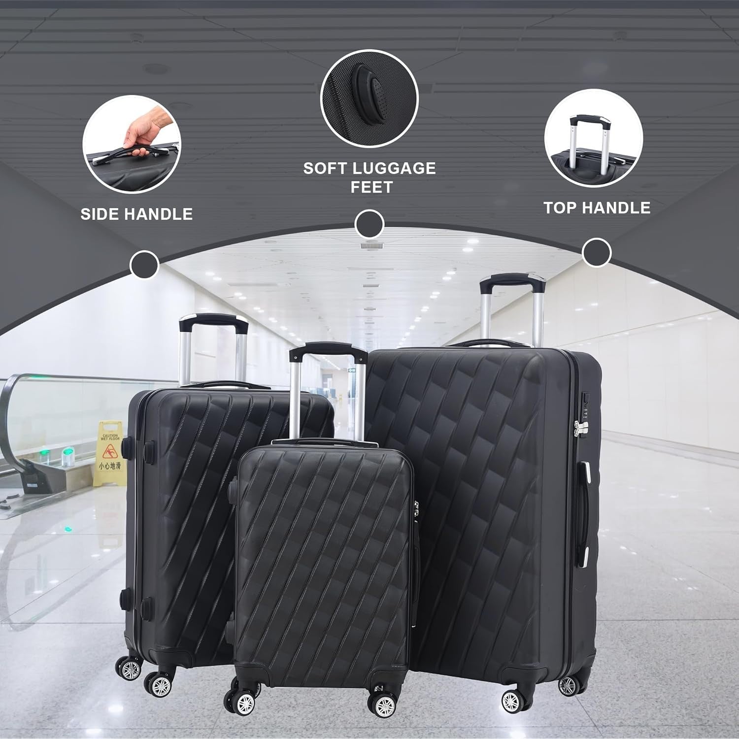 20 Inch Cabin Hard Shell Carry On Suitcase 4 Spinner Wheels Lock Black