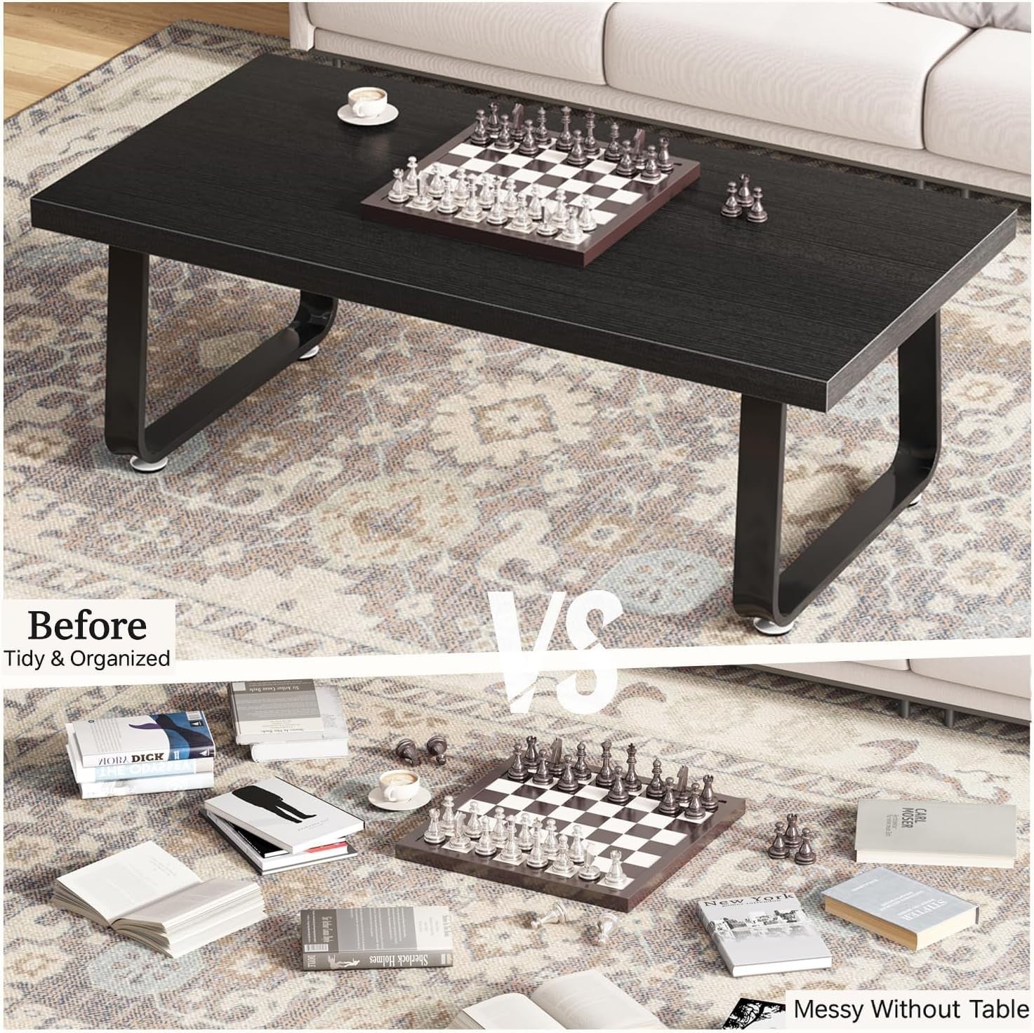 Black Oak Coffee Table 120x60x46.5cm Metal Frame, Industrial Minimalist