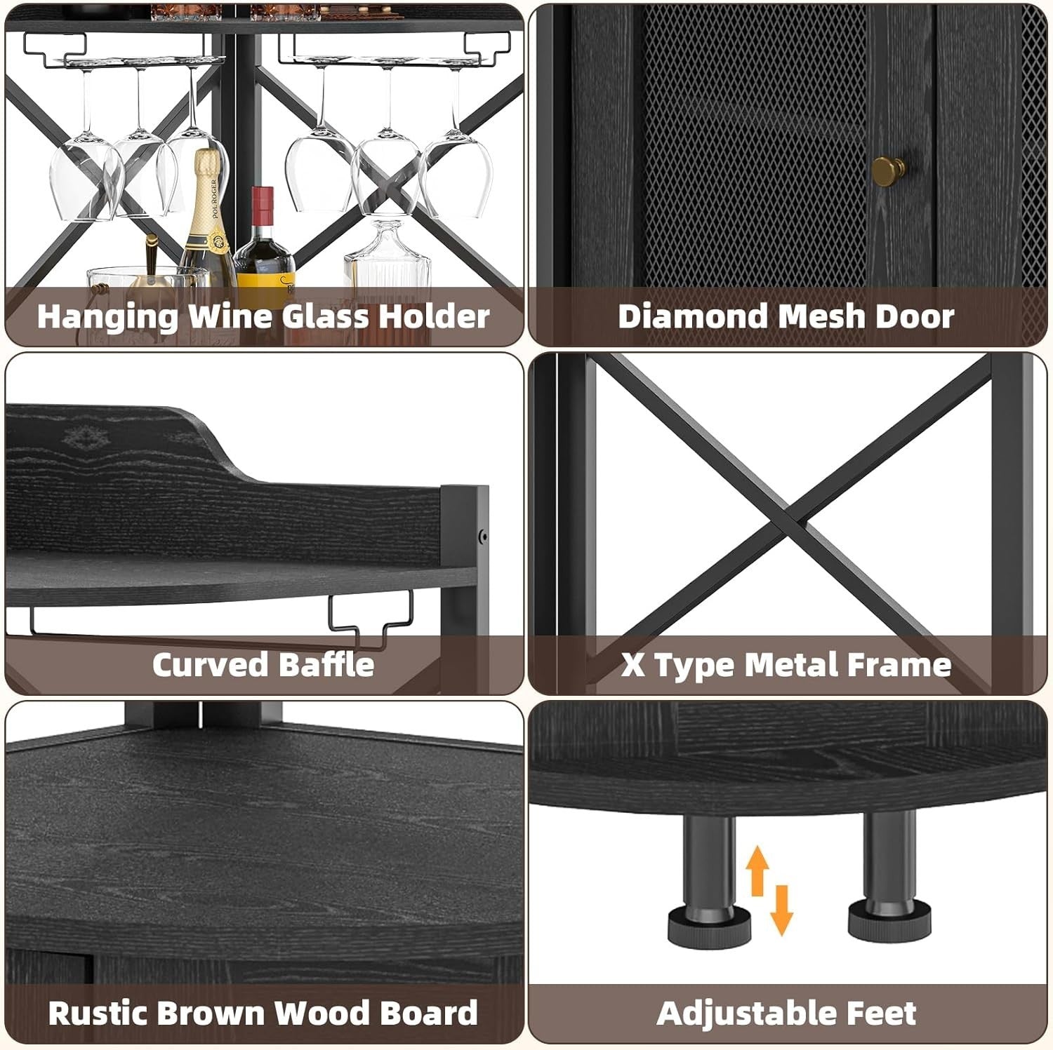 Corner Bar Cabinet with Wine Rack, Glass Holder & Storage Shelves – Black