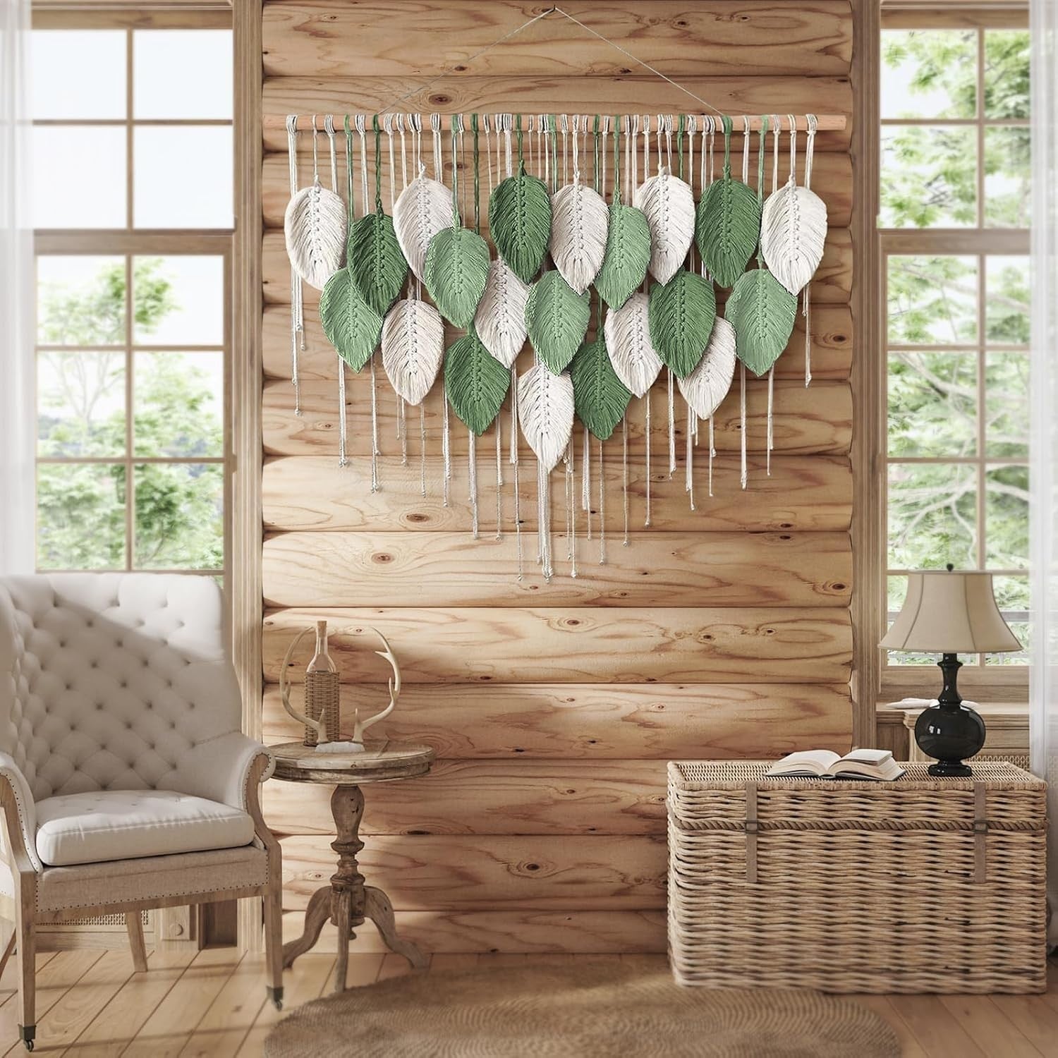 Large Boho Macrame Wall Hanging Leaf Woven Decor Beige