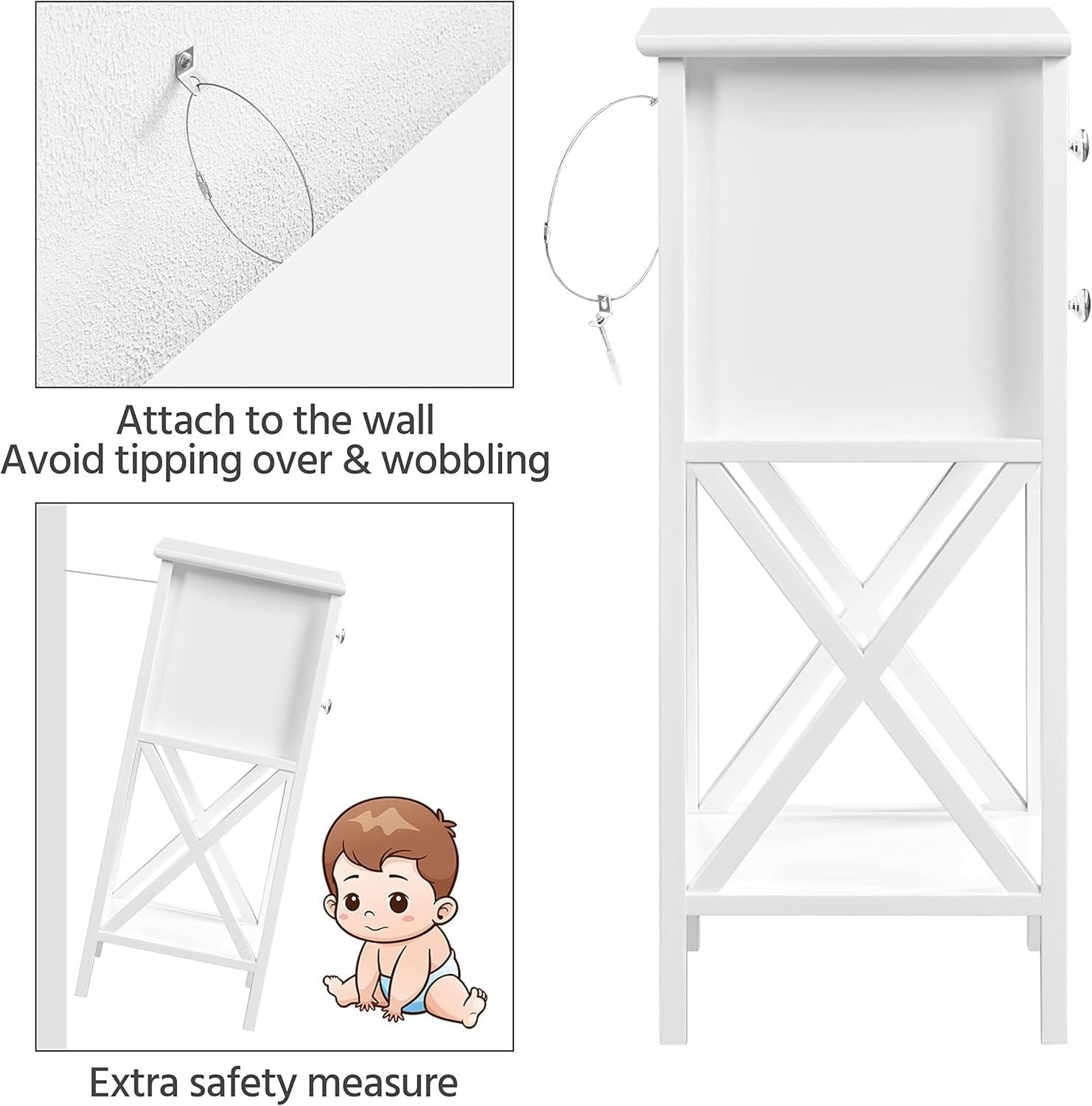 Set of 2 Tall White Bedside Tables with 2 Drawers & Shelf | Slim X-Frame