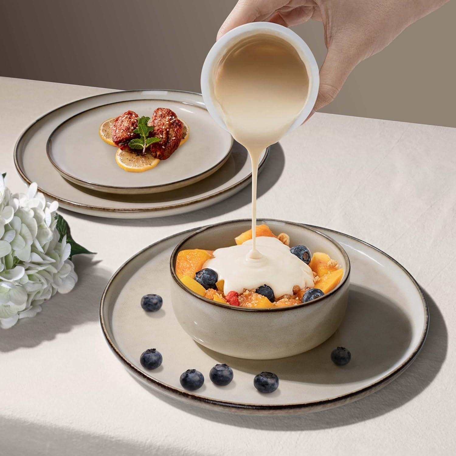 12pc Stoneware Dinner Set Plates Bowls Microwave Dishwasher Safe Cream
