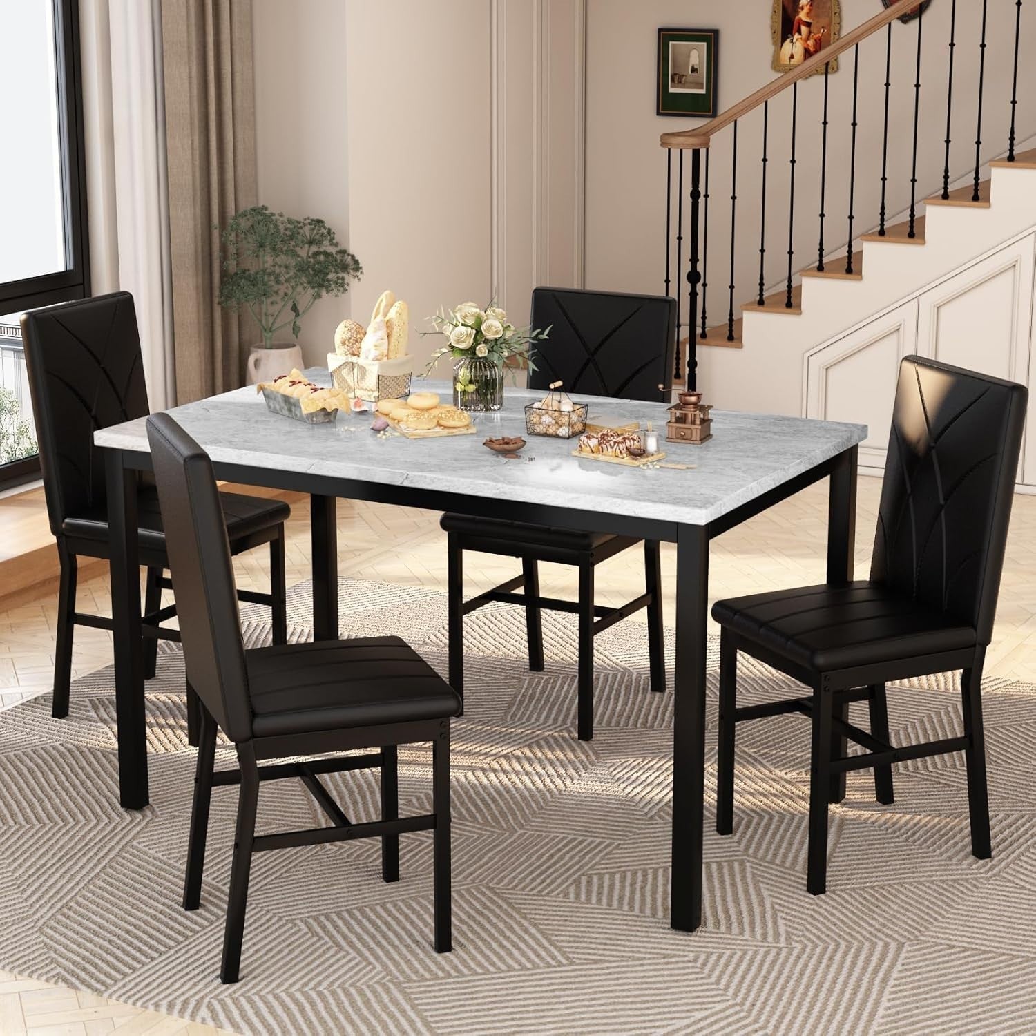 4 Seater Dining Table Set Faux Marble Black PU Chairs Space Saving Modern