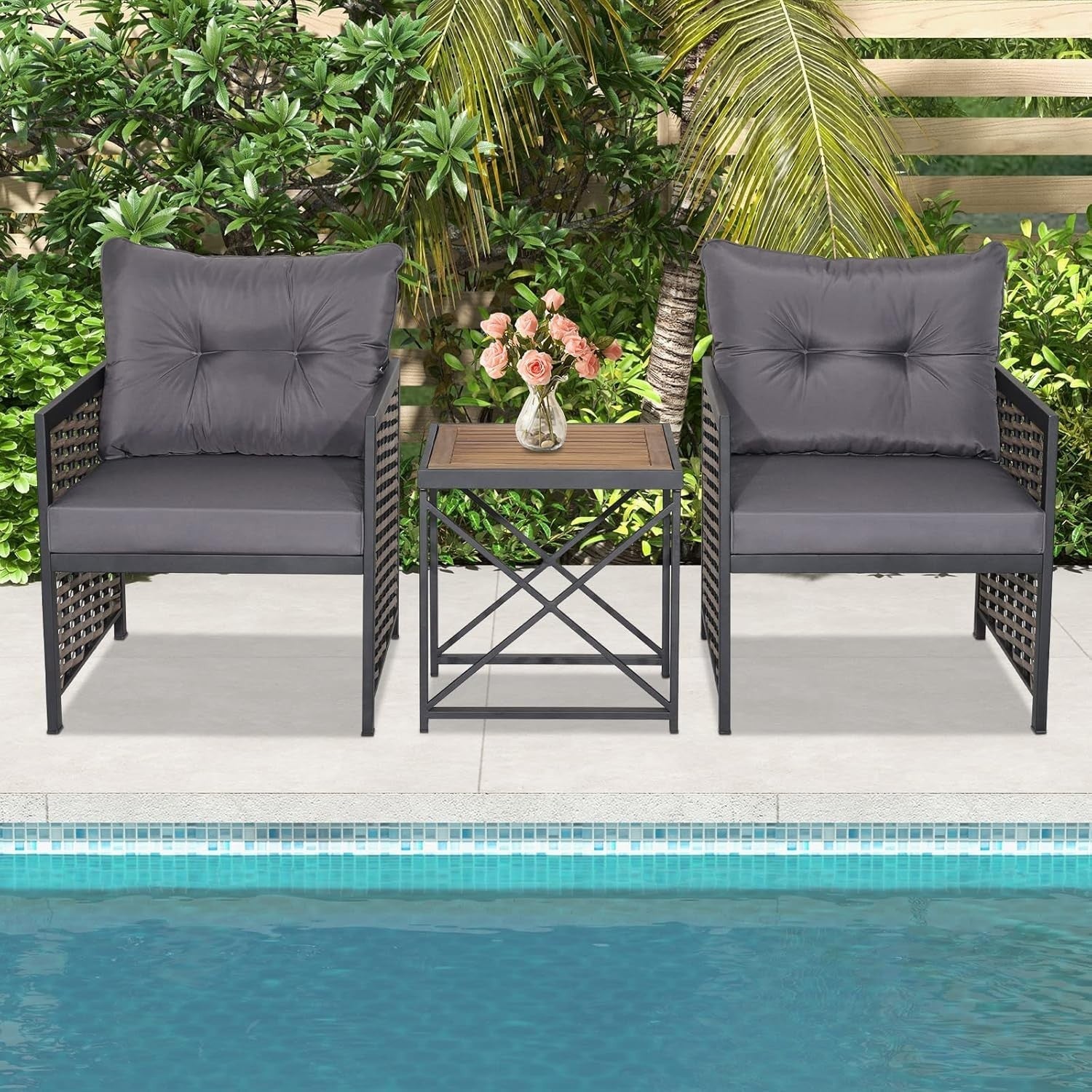 Outdoor Rattan Bistro Conversation Set Acacia Table Soft Cushions Patio