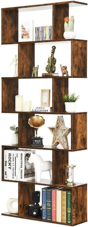 S-Shaped 6 Tier Bookcase Tall Freestanding Storage Shelving Unit 80x23x192cm