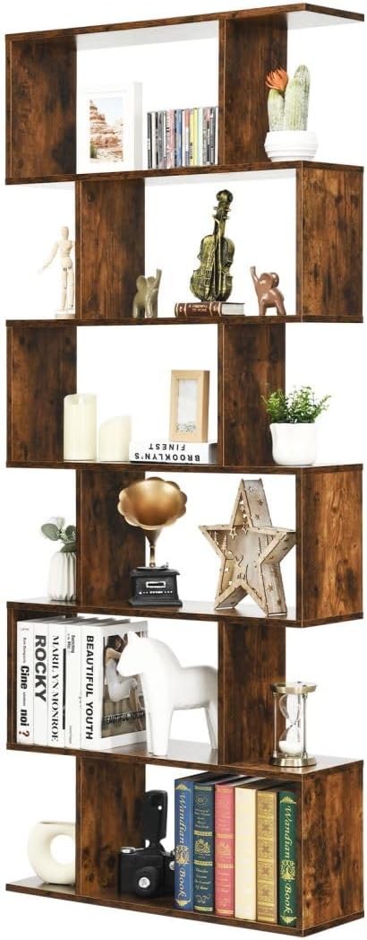 S-Shaped 6 Tier Bookcase Tall Freestanding Storage Shelving Unit 80x23x192cm