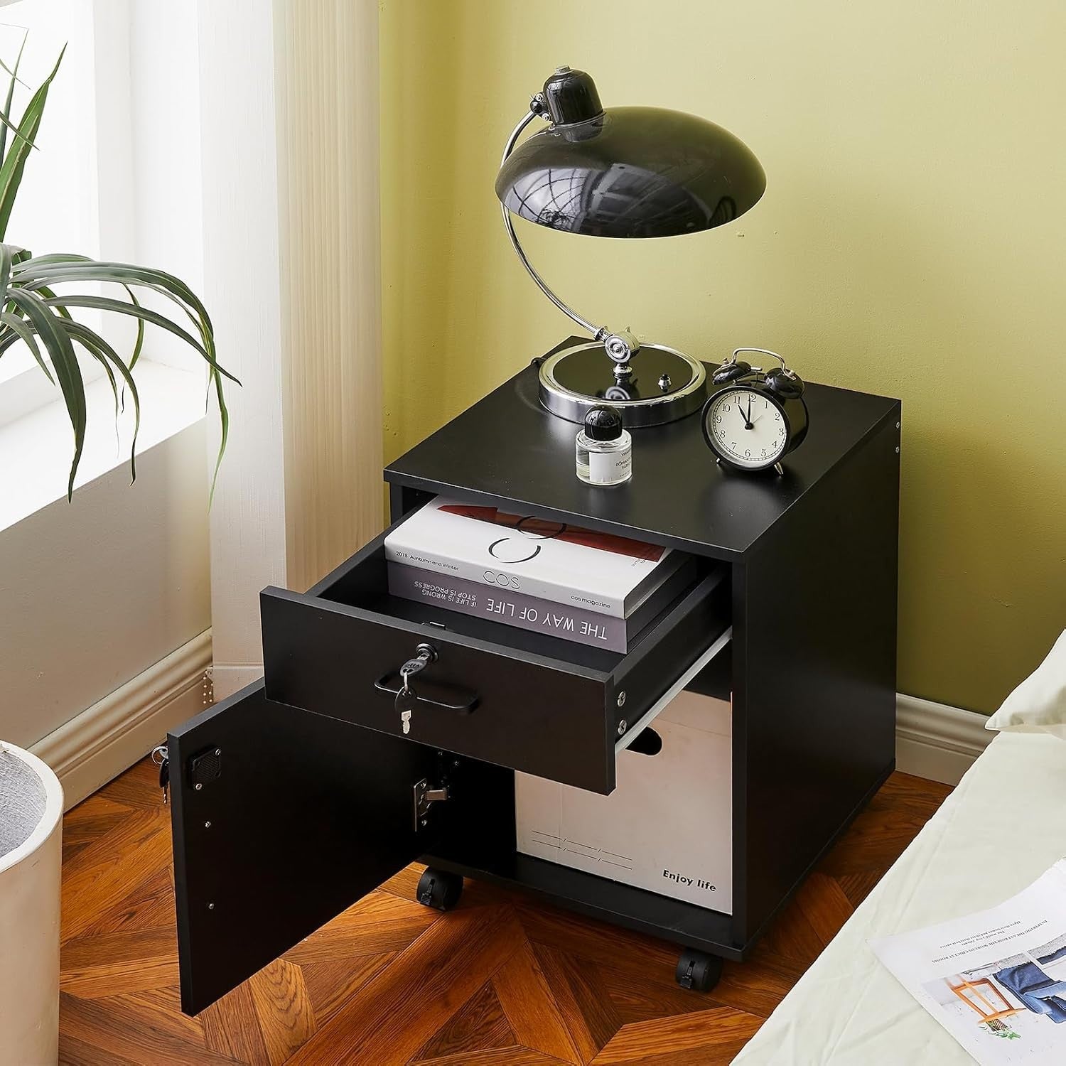 Black Mobile File Cabinet 40cm Lockable Under Desk Printer Stand