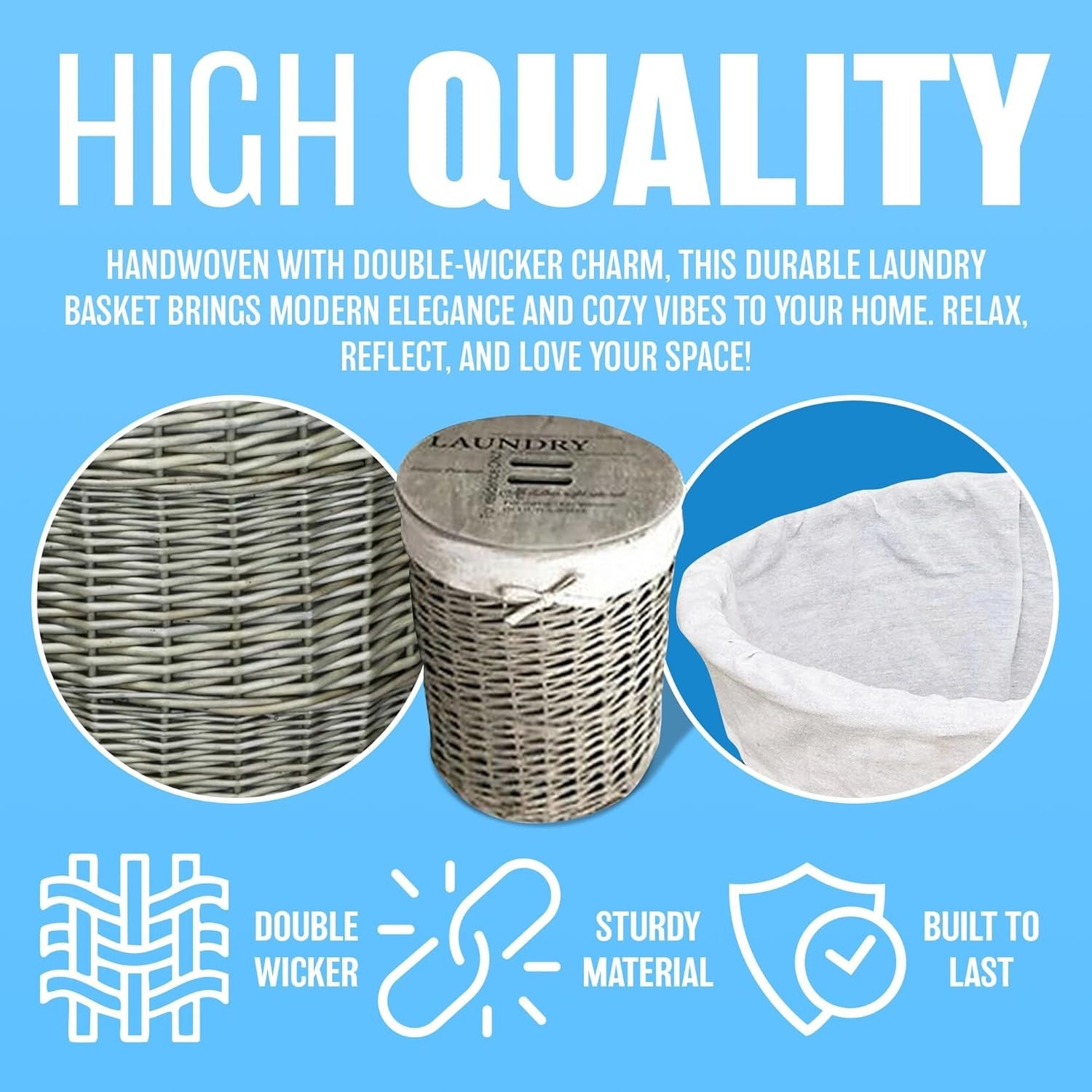 Set of 3 Wicker Laundry Baskets with Lids | Vintage Grey Storage Hampers | Small