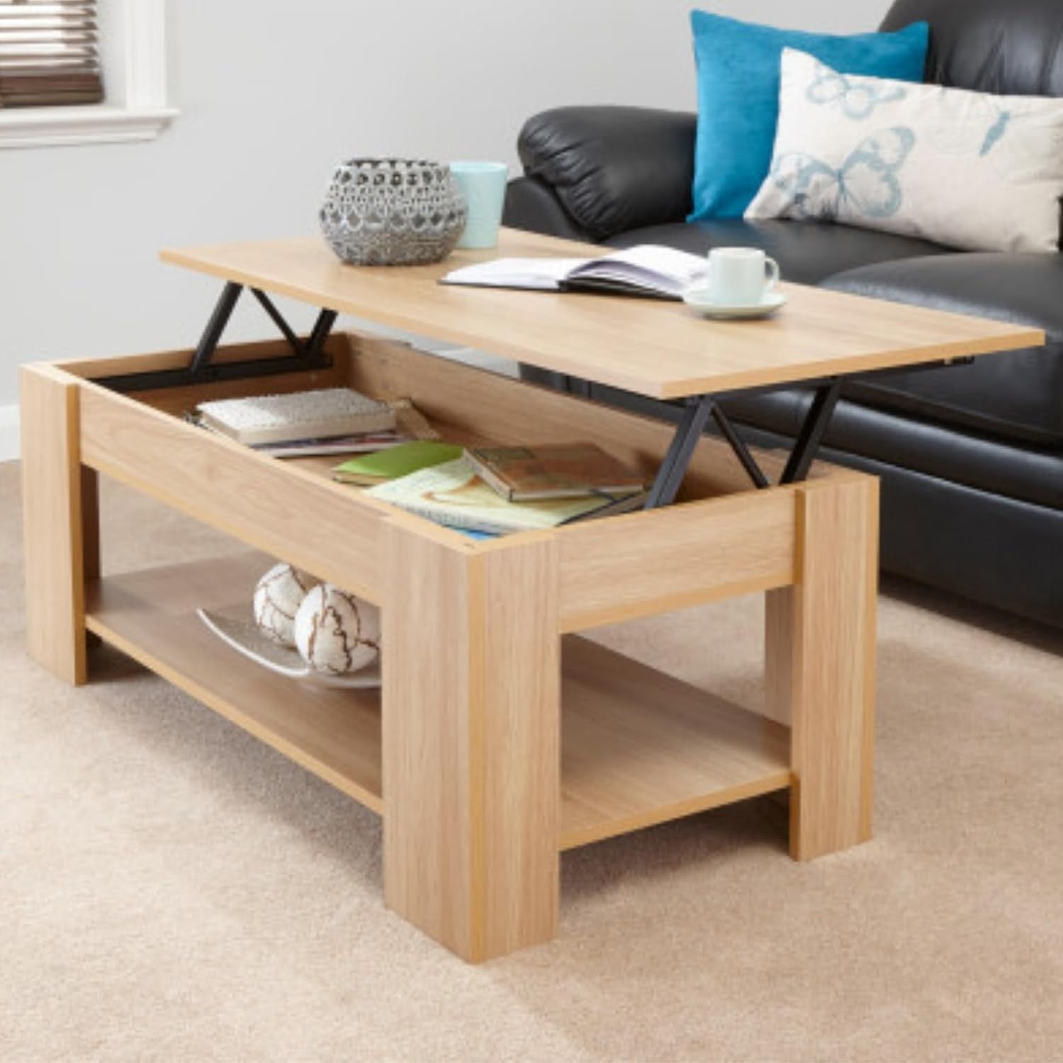 Lift Top Coffee Table with Hidden Storage & Shelf | Oak Wood Effect Modern