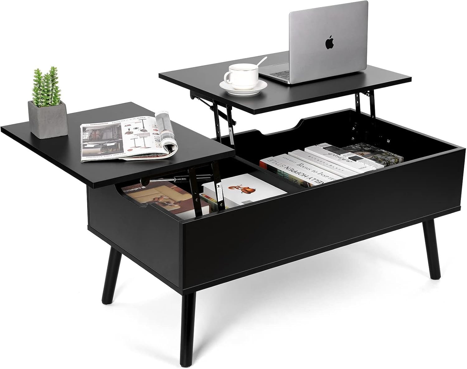 Black Lift Top Coffee Table with Hidden Storage & Dual Work Surfaces