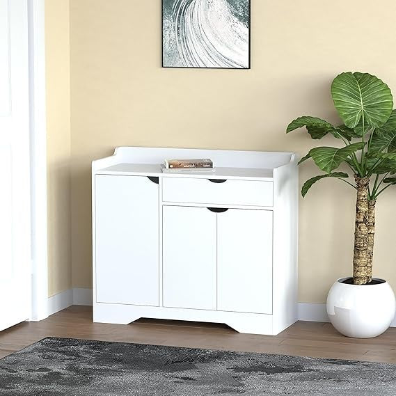 White Shoe Storage Cabinet with Drawer & Shelf, Modern Hallway Organiser Unit