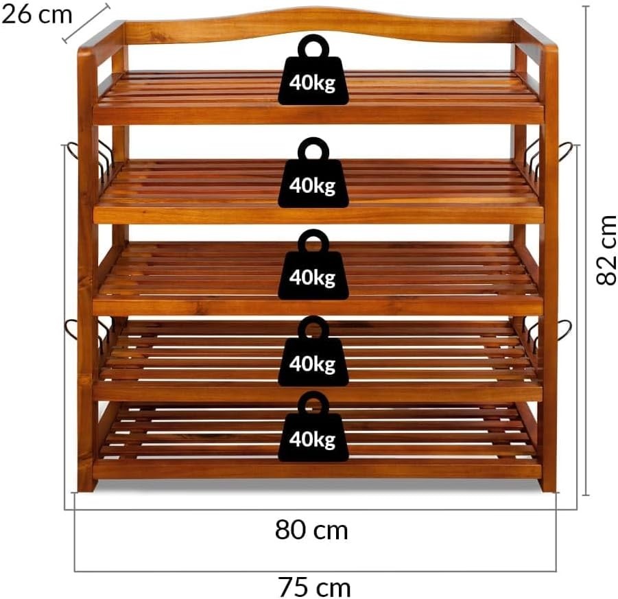 Set of 2 – 5-Tier Solid Acacia Wood Shoe Racks, 80x26x82 cm Dark Brown