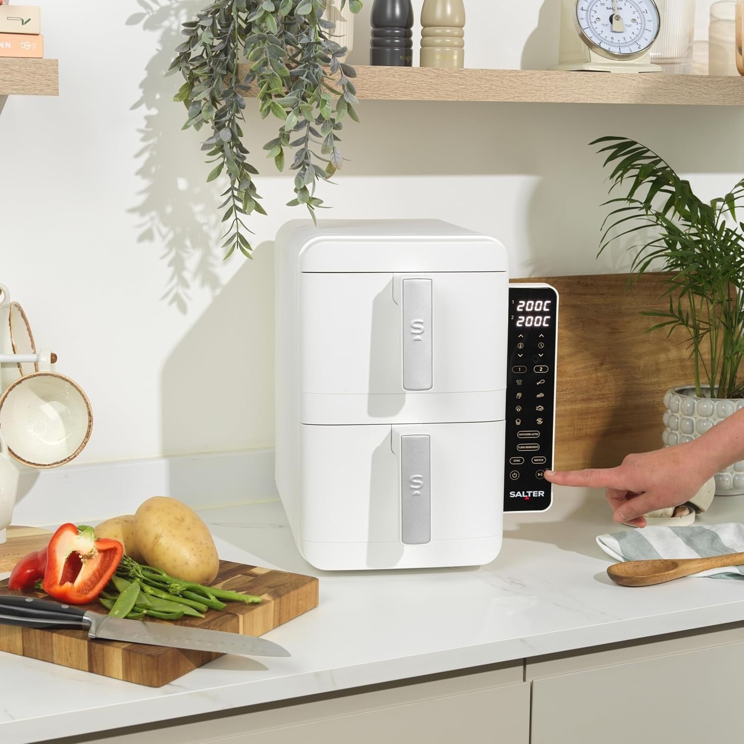 Vertical Dual Drawer Air Fryer 9L 9 Presets, 4-Level Cooking Sync/Match, 2400W
