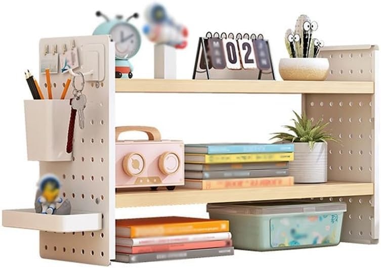 Adjustable 2-Tier Desk Organizer Shelf w/ Grid Panel | Wooden Desktop Hutch 60cm