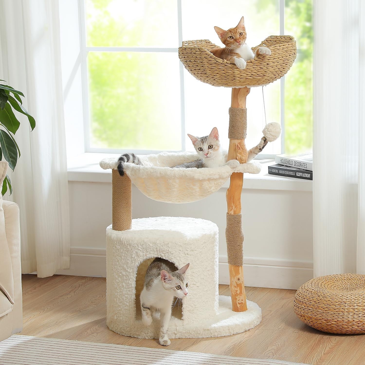 Modern Cat Tree 102cm Solid Wood Scratching Wicker Basket Condo Indoor