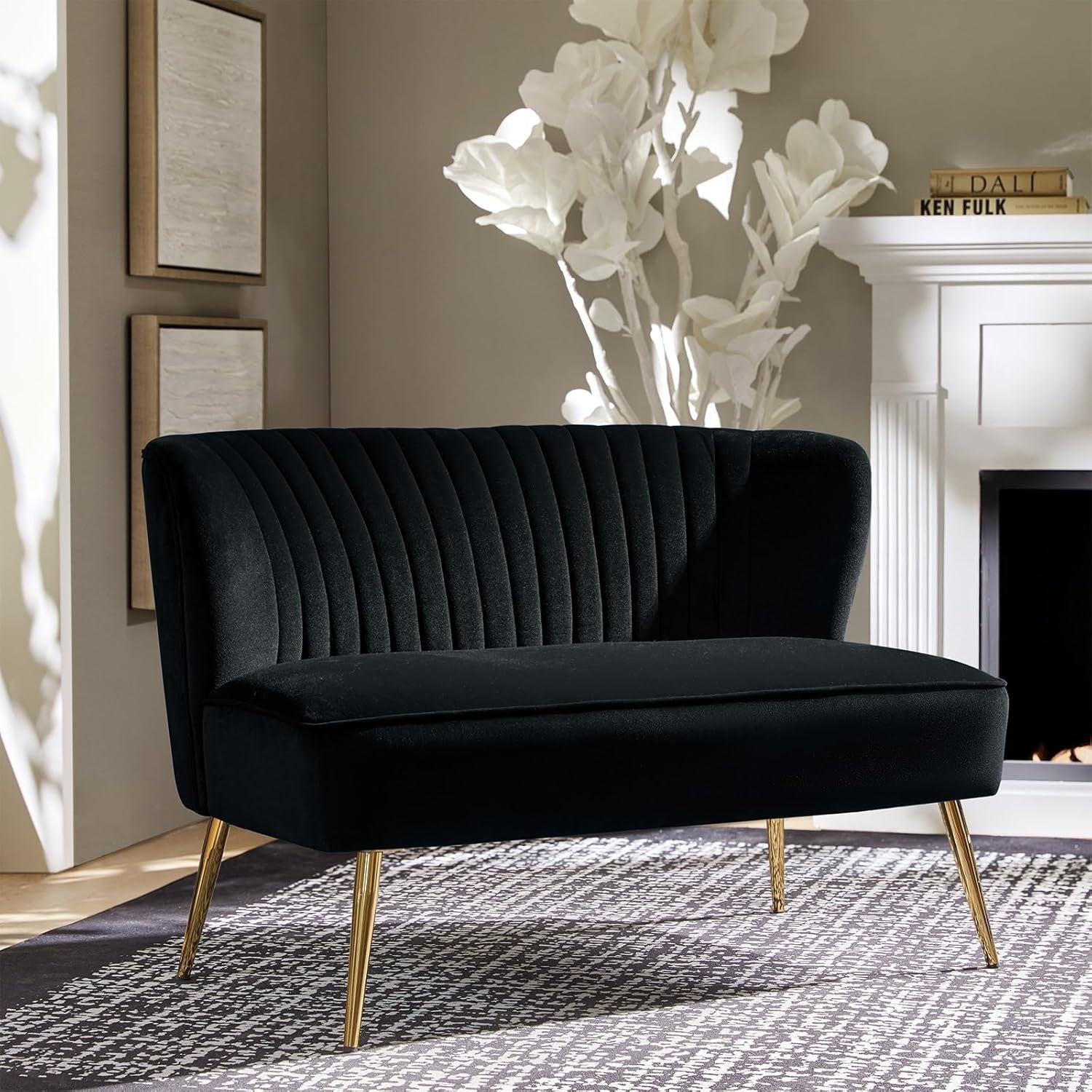 Black Velvet 2 Seater Sofa Armless Loveseat Gold Legs for Lounge or Flat