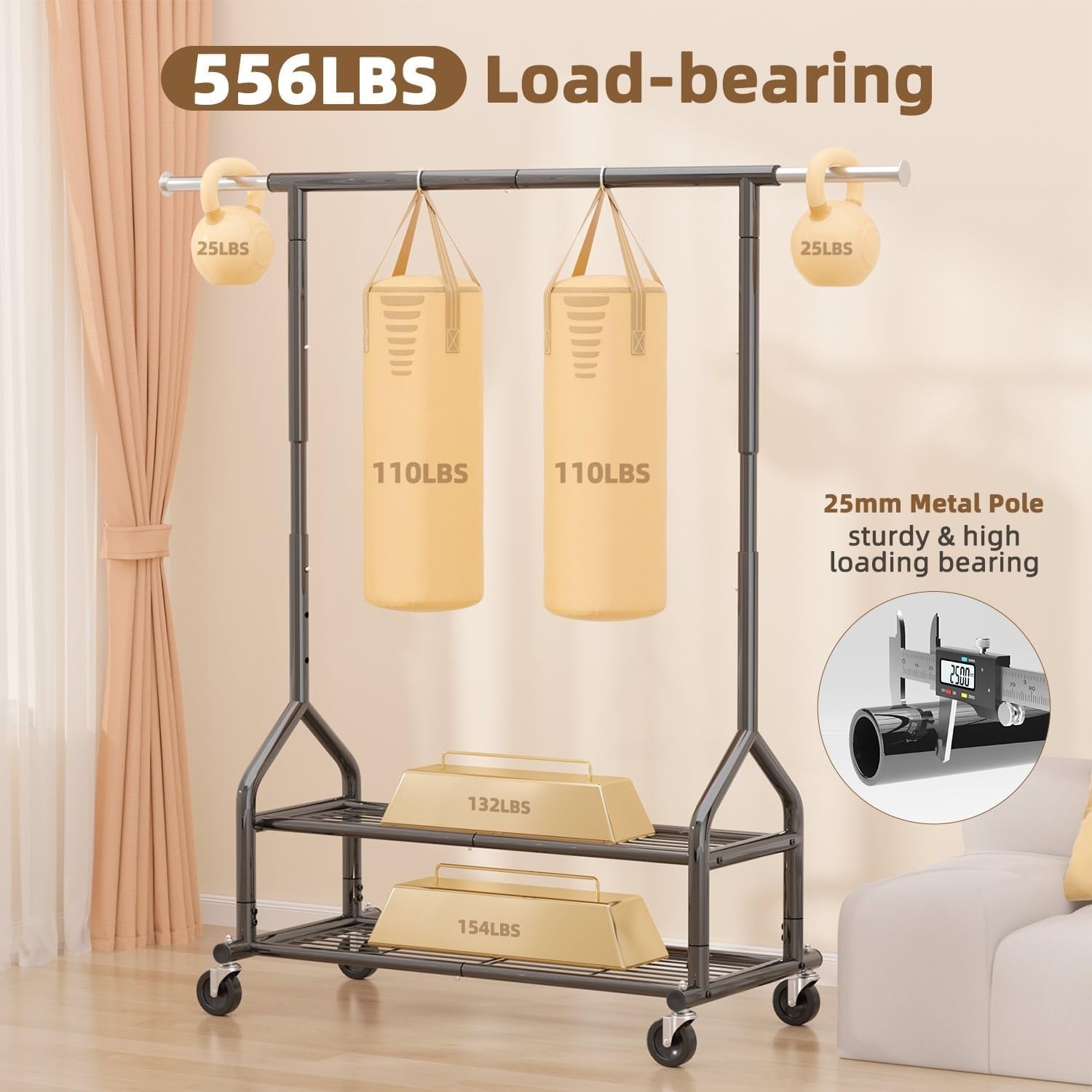 Heavy Duty 252KG Clothes Rail With Shelves & Wheels Black
